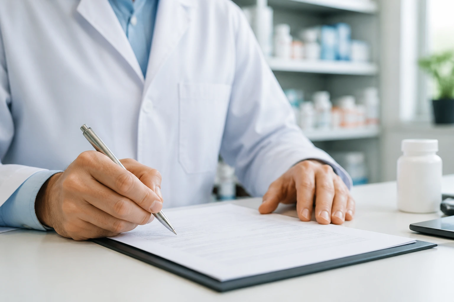 Pharmacist hands on desk with document in an office