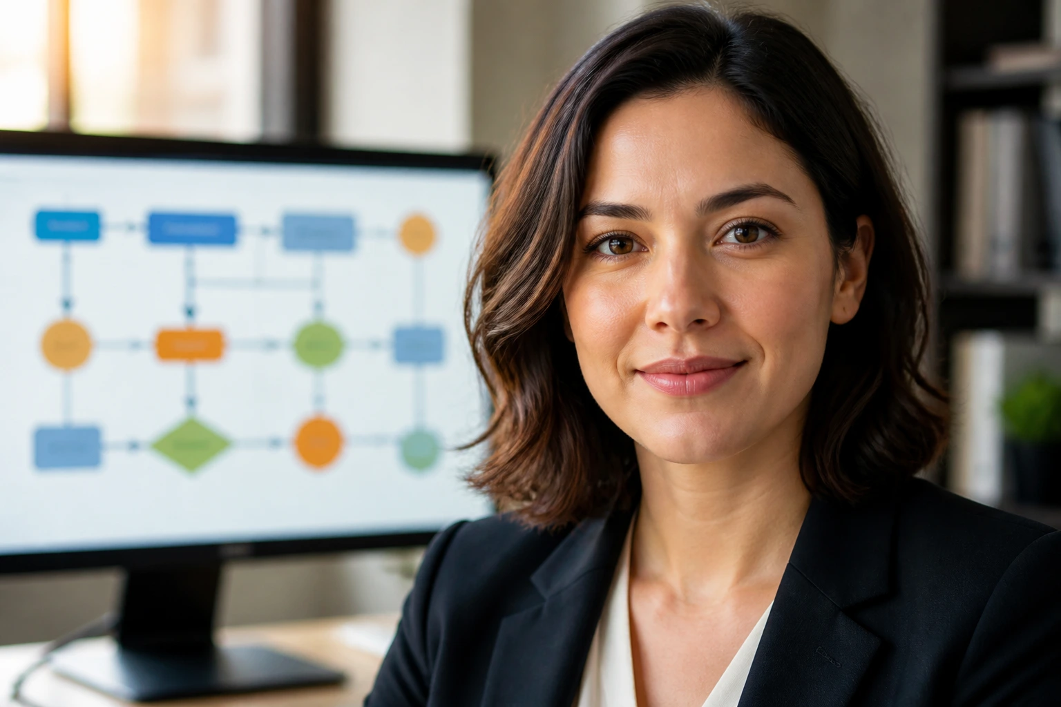 Close-up portrait of a professional with abstract flowchart in the background