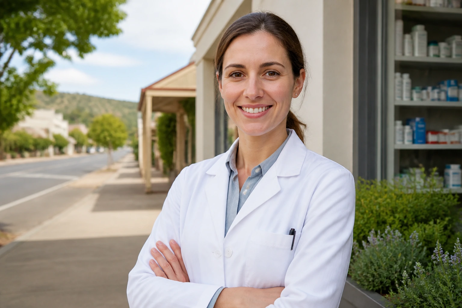 Pharmacist in regional town setting with plain building backdrop