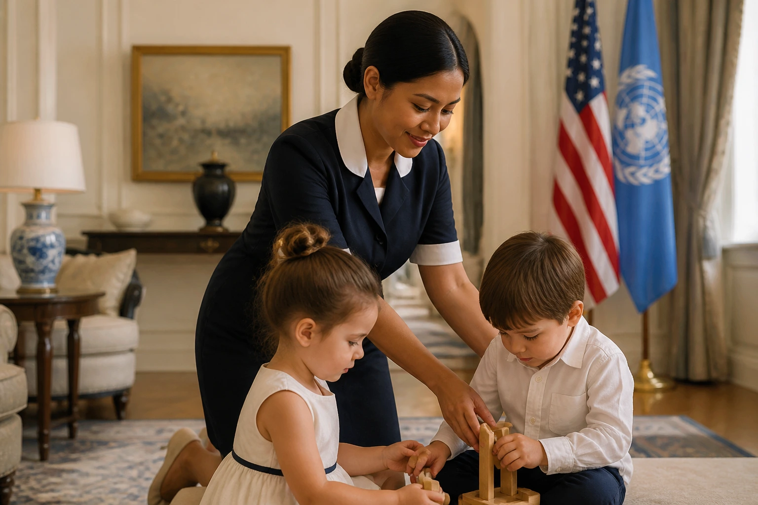 Nanny in diplomatic household setting portrayed in formal attire