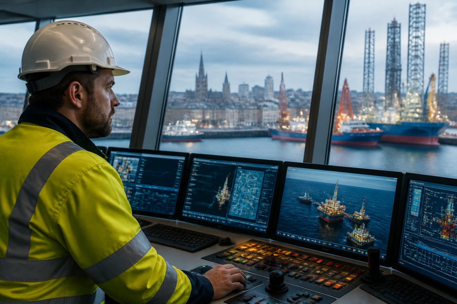 Close-up of an energy engineer in a control room with harbor view in Aberdeen