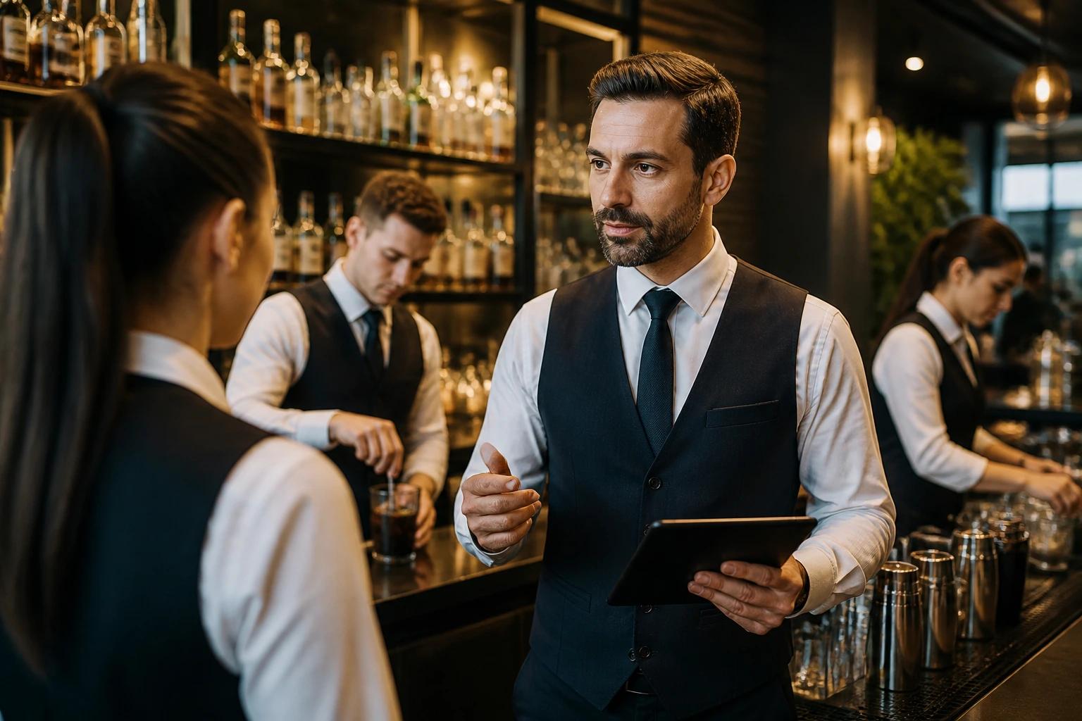 Bar supervisor in a modern venue demonstrating higher-level sponsorship prospects.