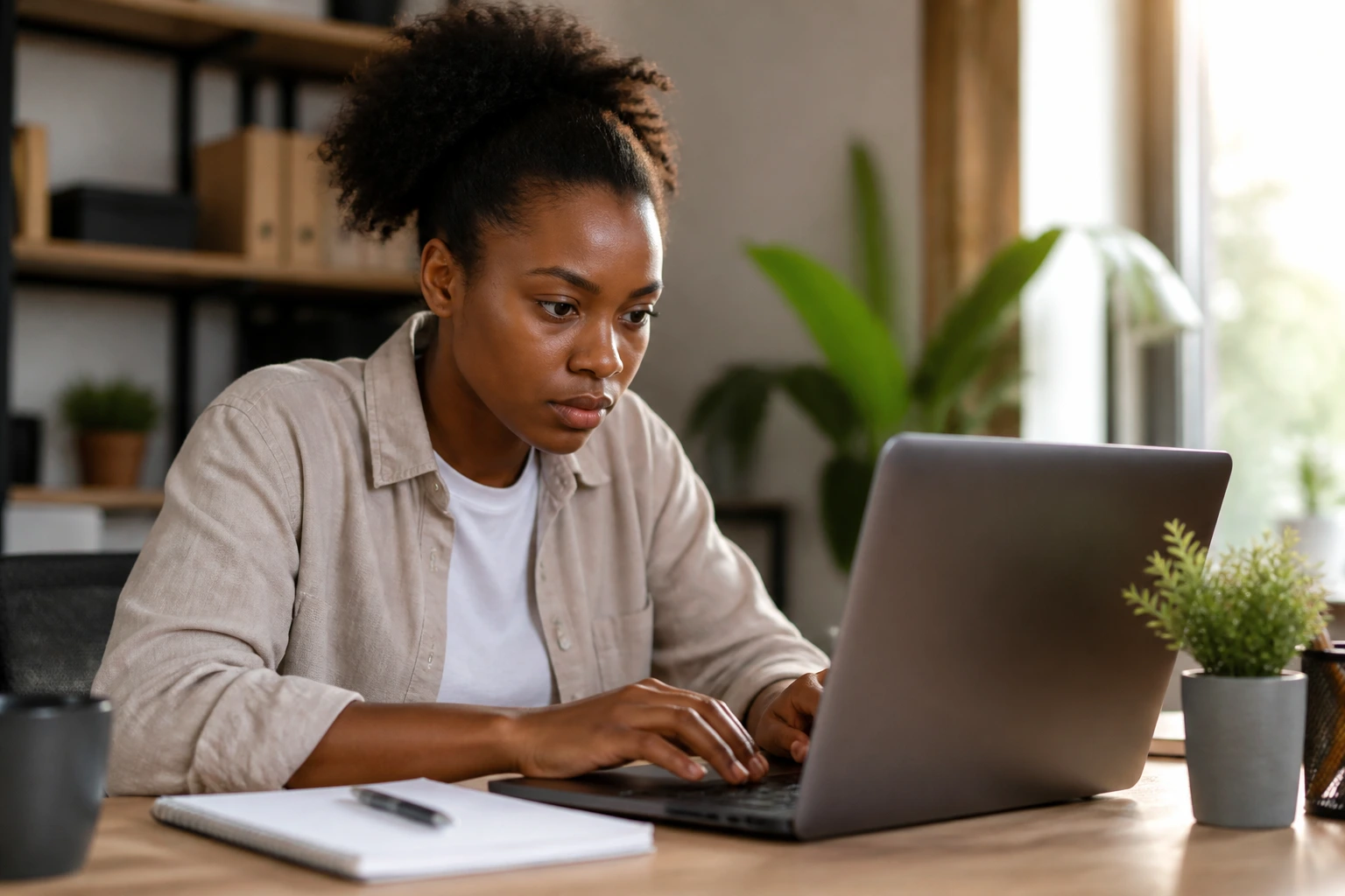 Hands typing on laptop in home office for abroad job application