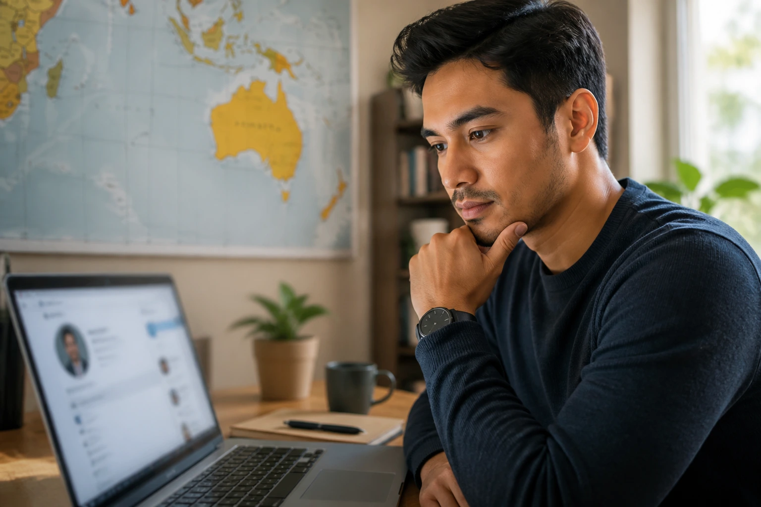 Person at home office researching job search strategies with a map of Australia in background