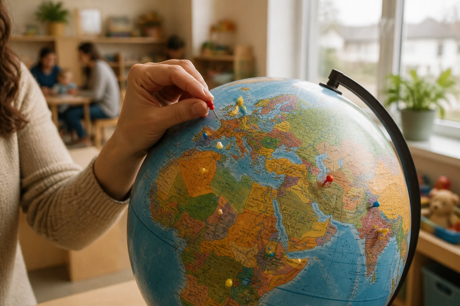 Hand placing a pin on a globe in a daycare staff room, symbolizing looking abroad