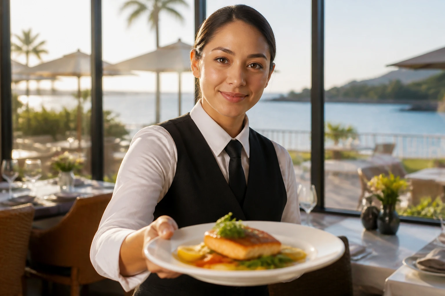 Close-up of hotel server in uniform on waterfront resort patio