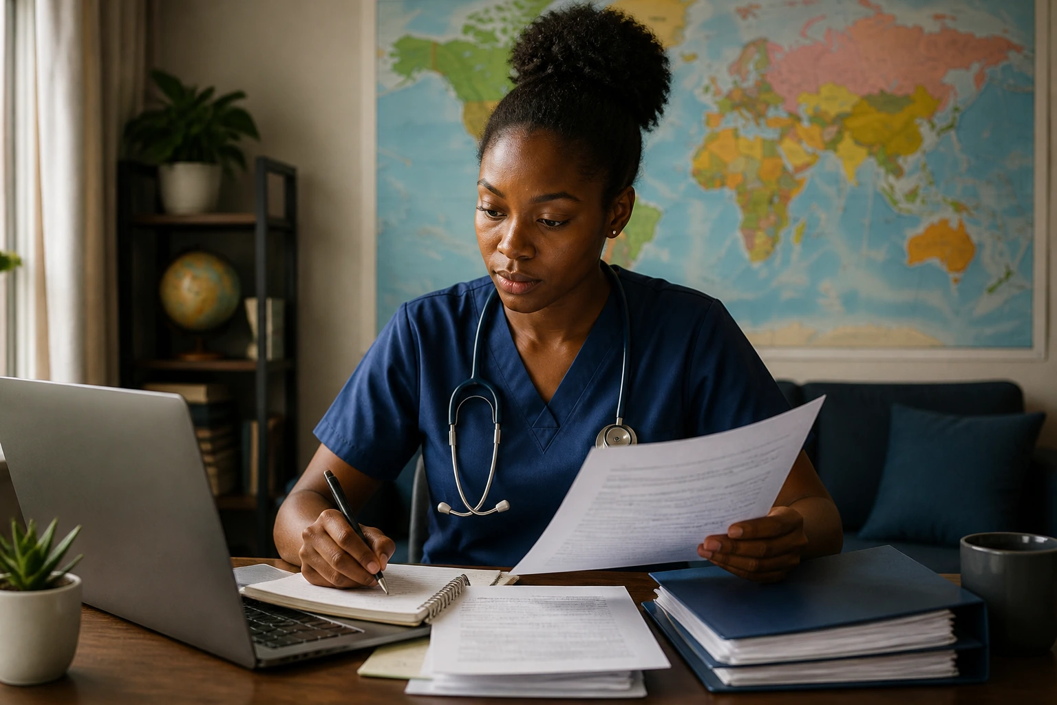 Nurse at home desk planning visa and licensing steps with world map backdrop