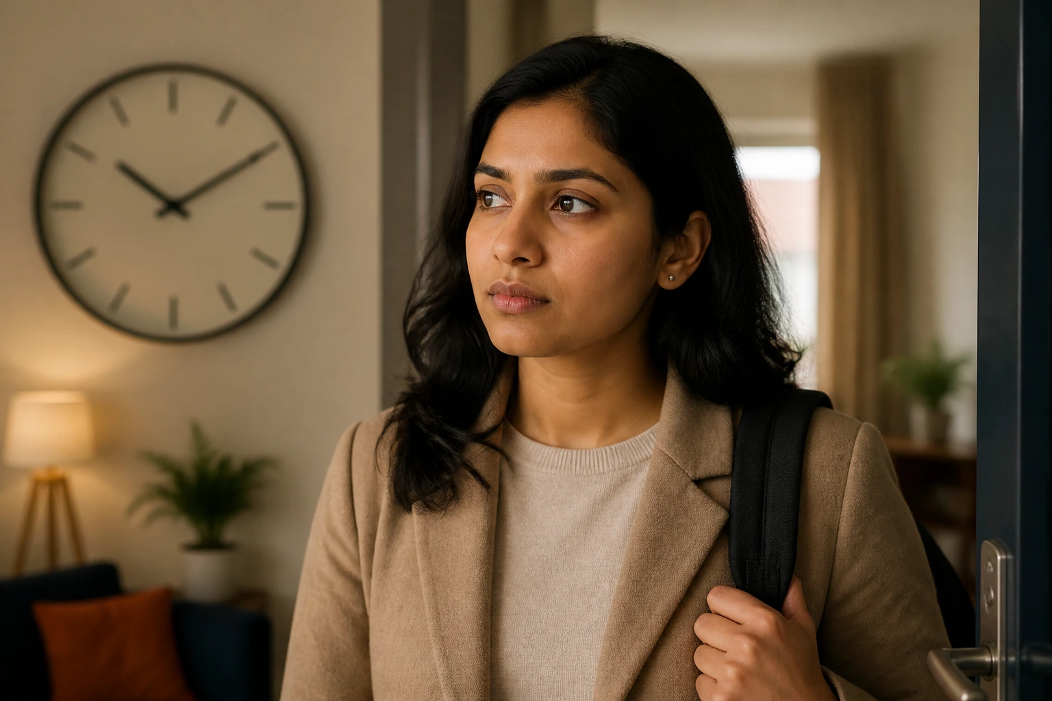 Portrait of a person contemplating travel with a clock behind in doorway