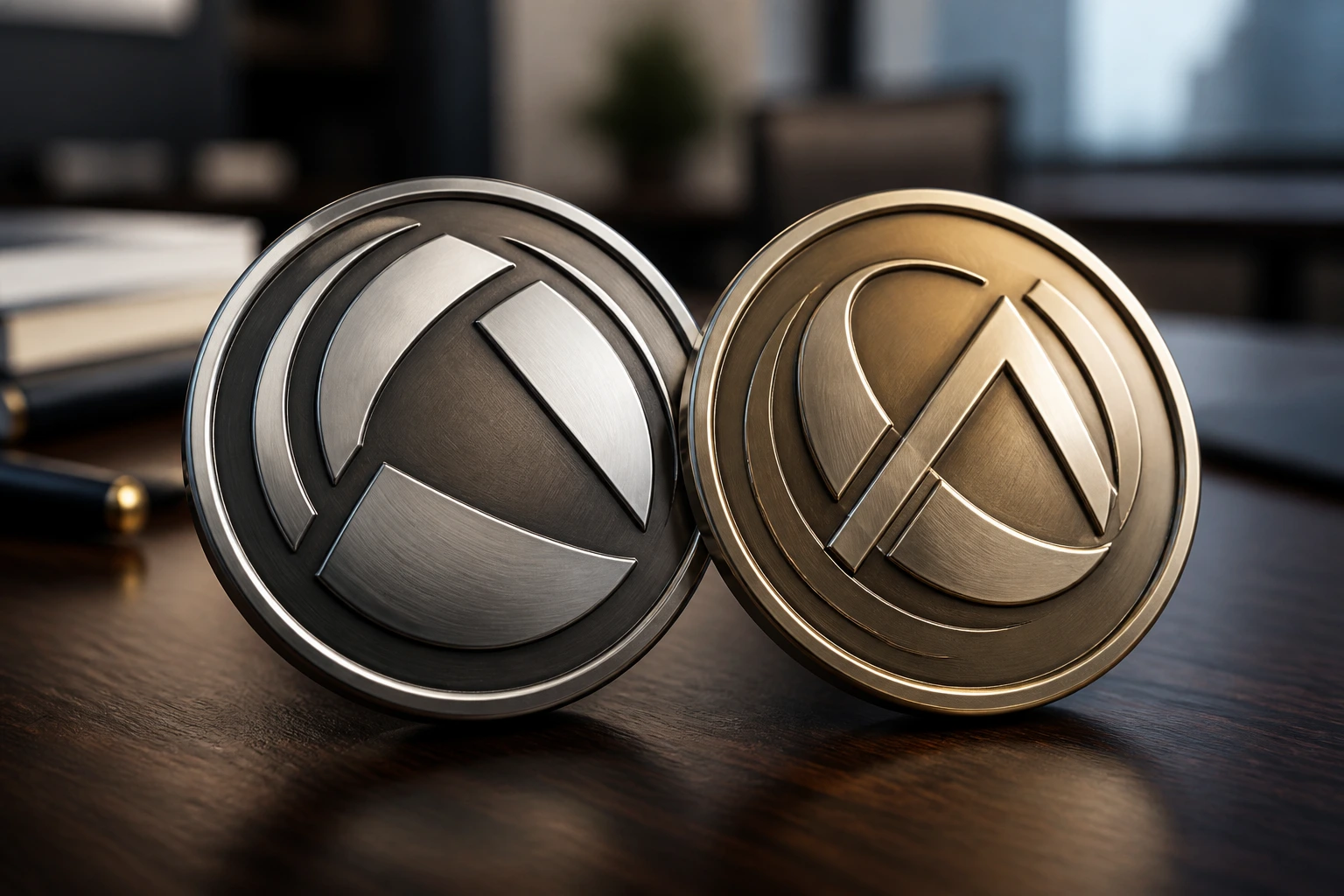 Close-up of two abstract emblems representing ACCA and CIMA qualifications on a dark desk.