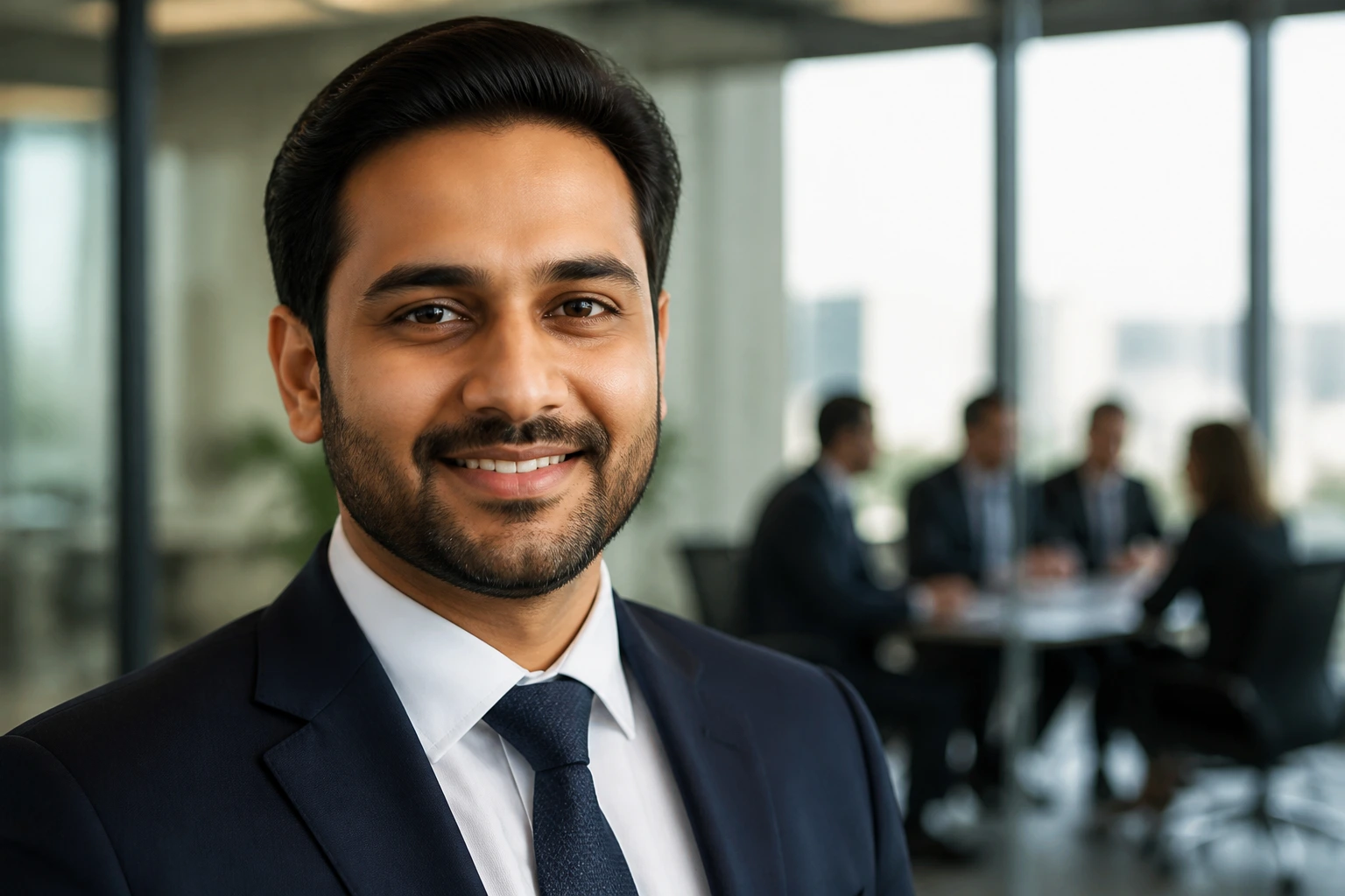 Close-up portrait of an Accenture consultant in a modern glass office