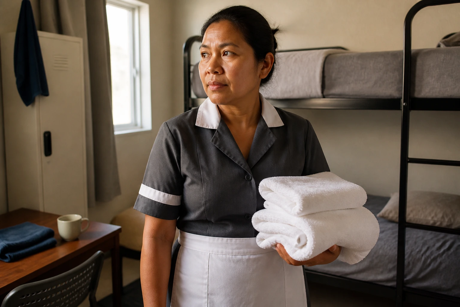 Real hotel worker in uniform in a shared accommodation room with a bunk bed in the background