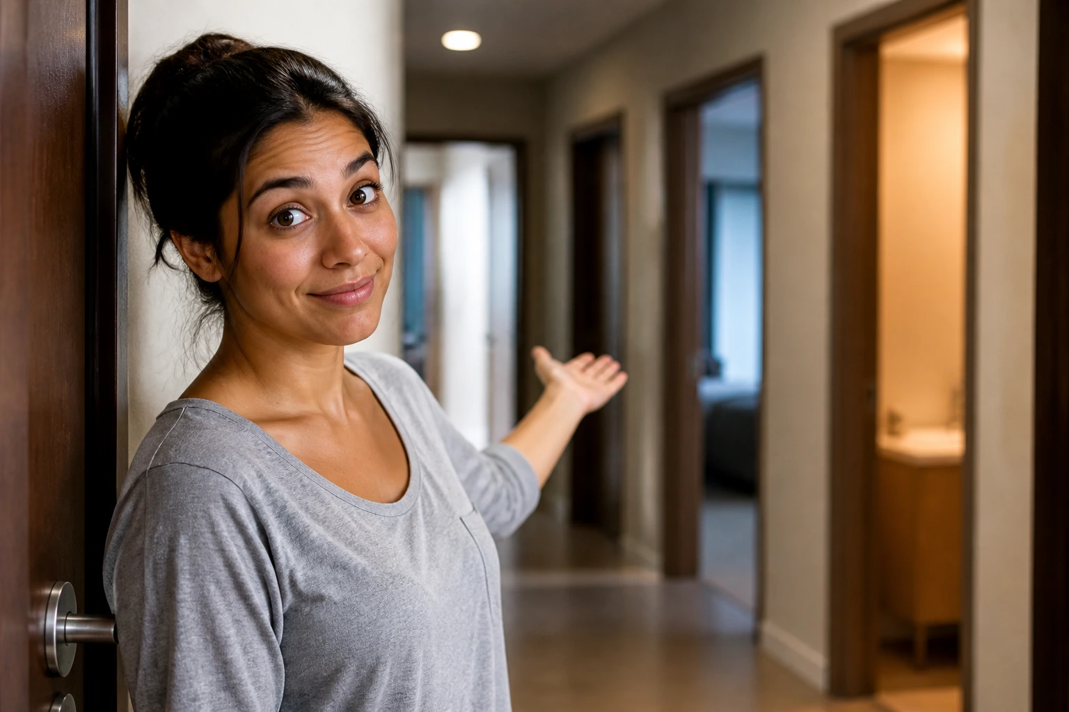 Person standing in doorway with hallway of doors behind
