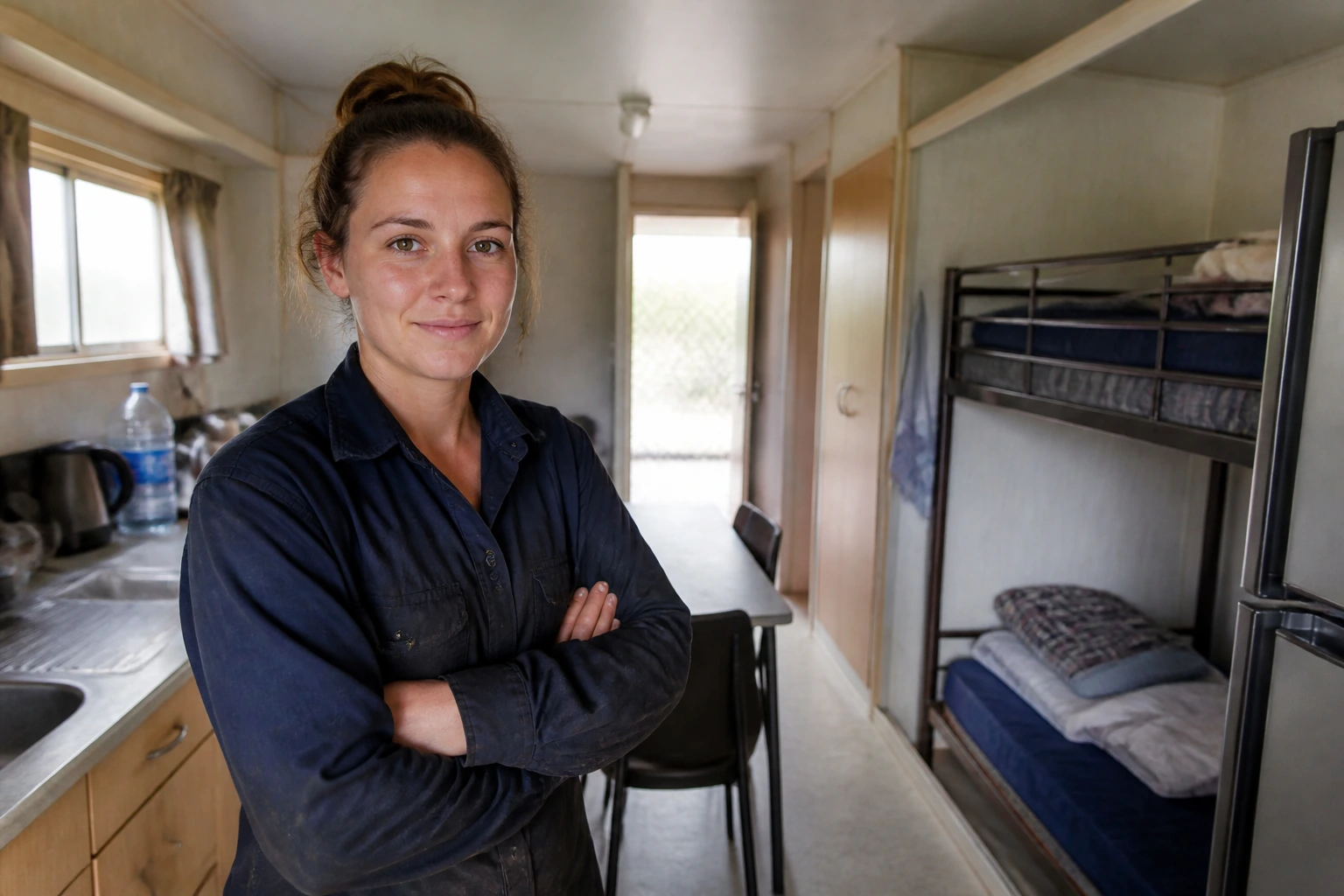 Person in modest shared accommodation with bunk beds