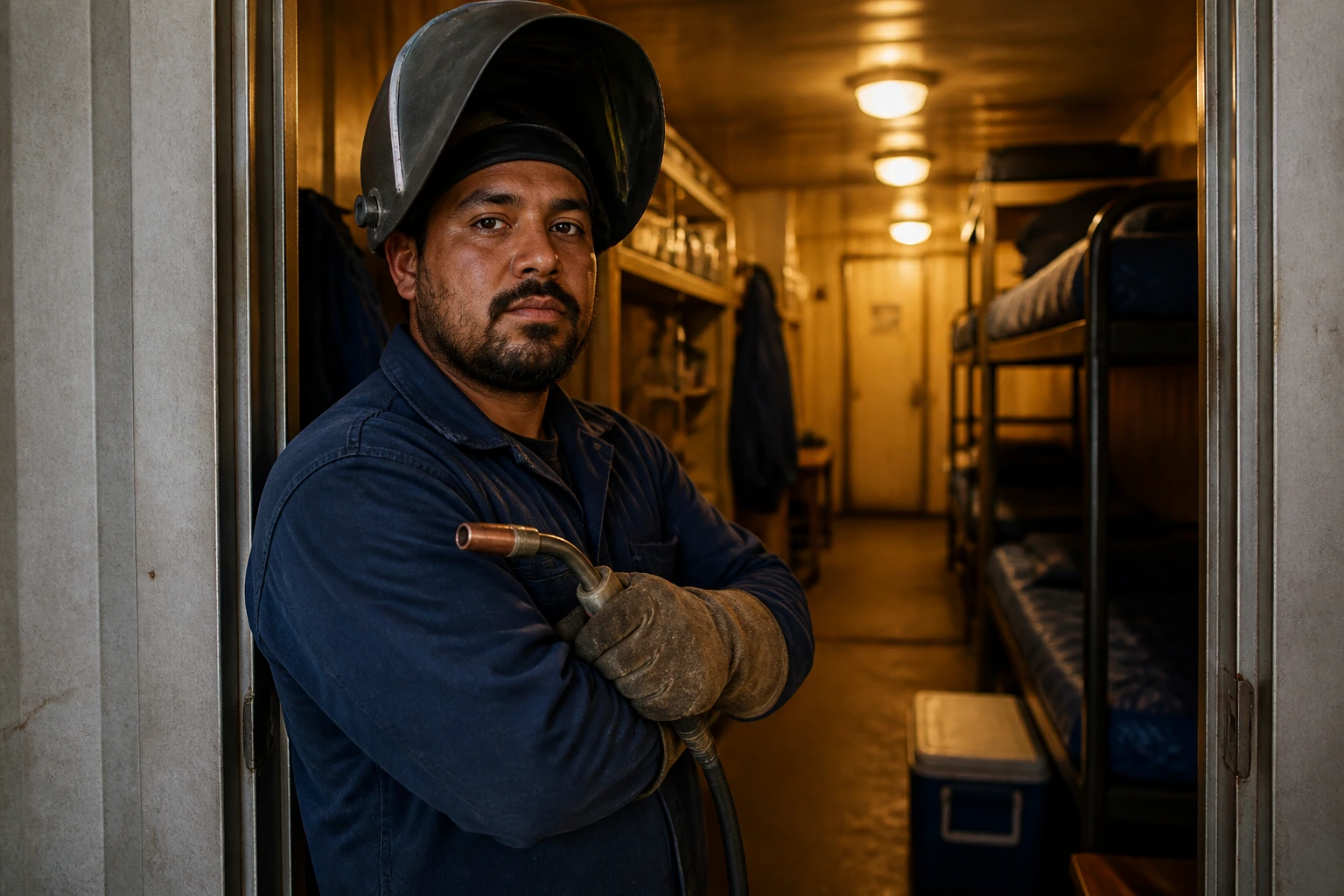 Welder near crew housing with bunk beds in background
