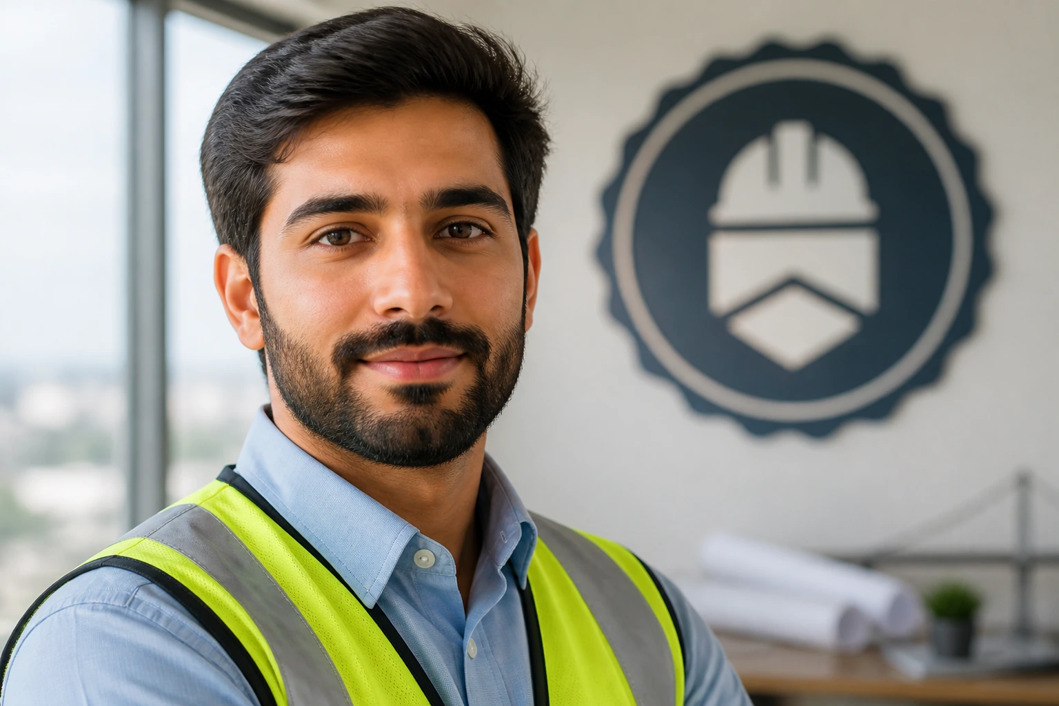 Portrait of engineer highlighting accreditation concept with background symbol