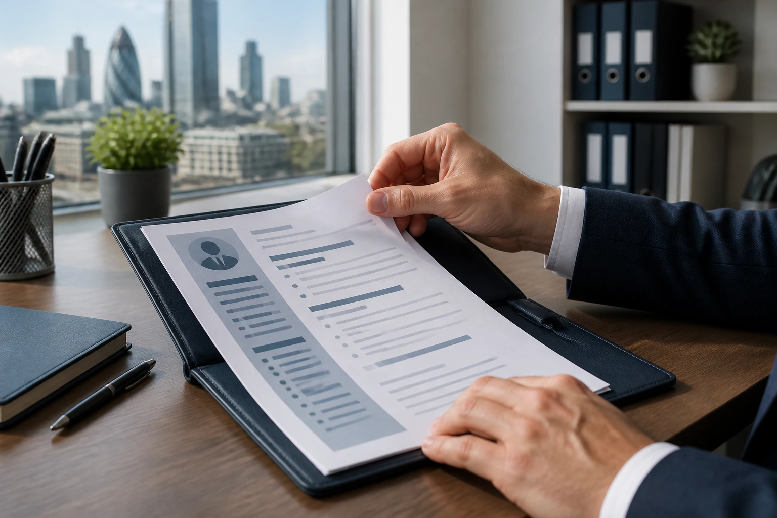Hands arranging a resume document on a desk