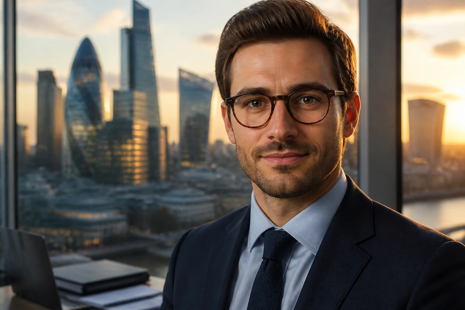 Close-up portrait of an actuary with London skyline backdrop