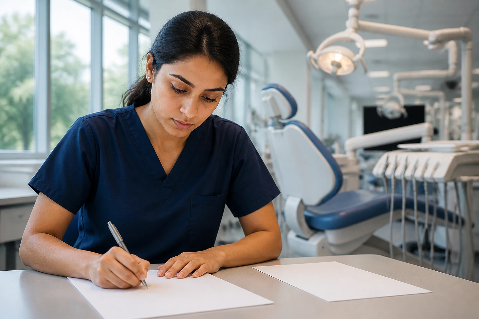 Close-up dentist candidate preparing for ADC assessment in modern exam room