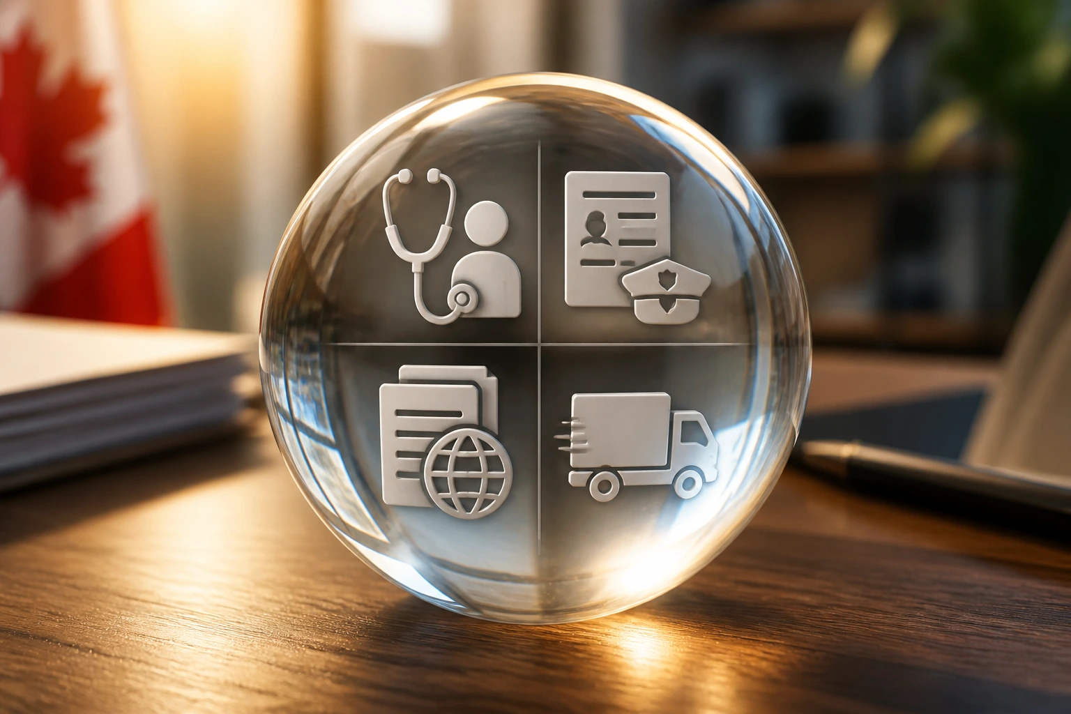 Glass sphere with cost-related icons on a desk
