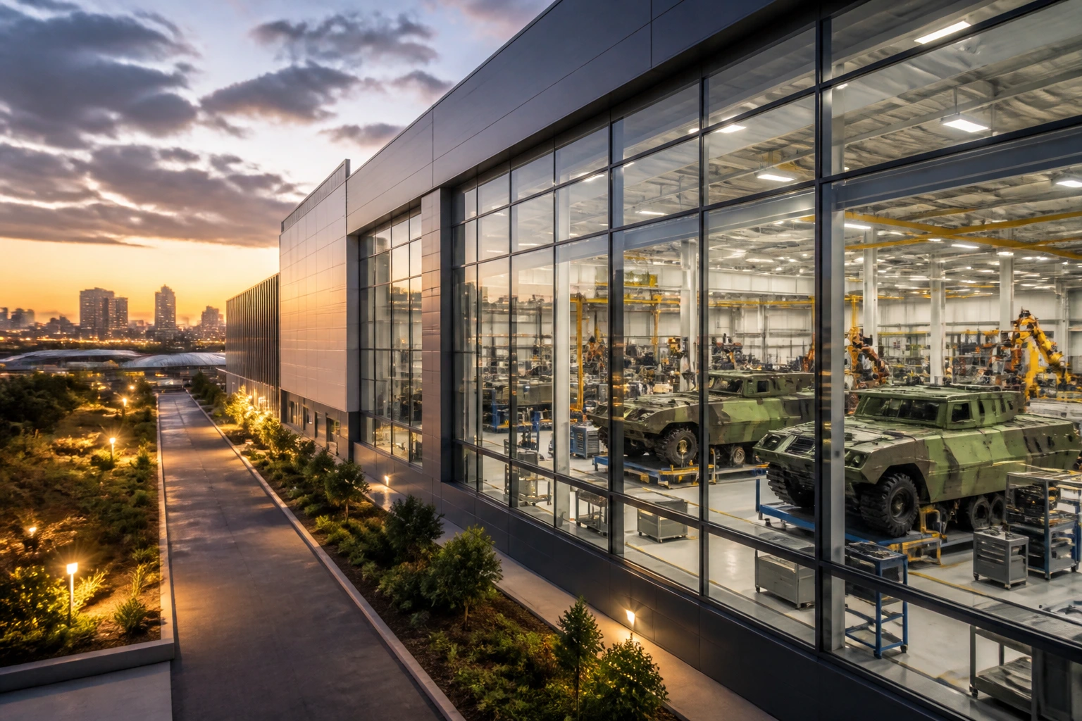 Modern defense manufacturing facility exterior dominating the frame.