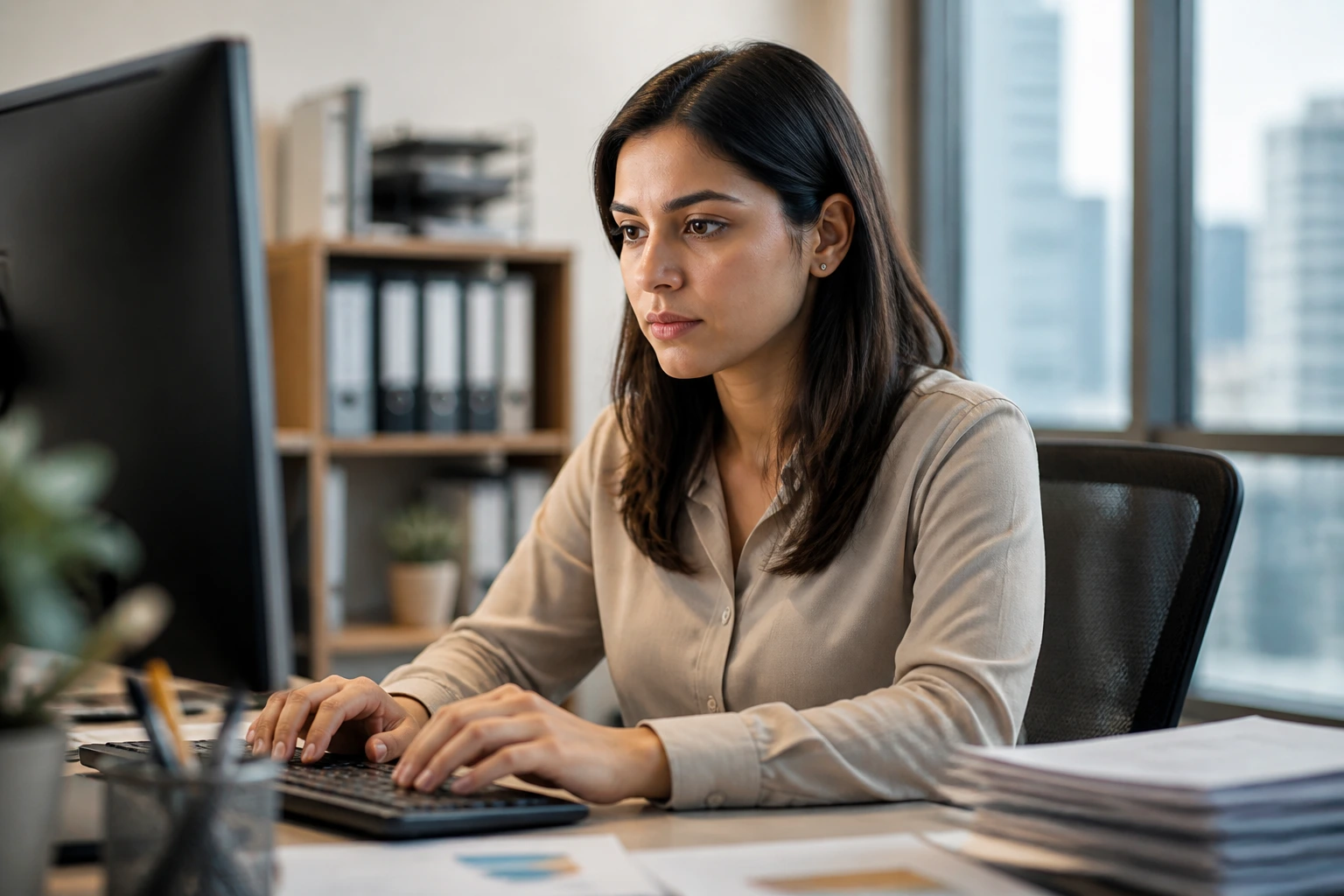 Close-up portrait of an admin assistant at a desk in a warm office, focused on work