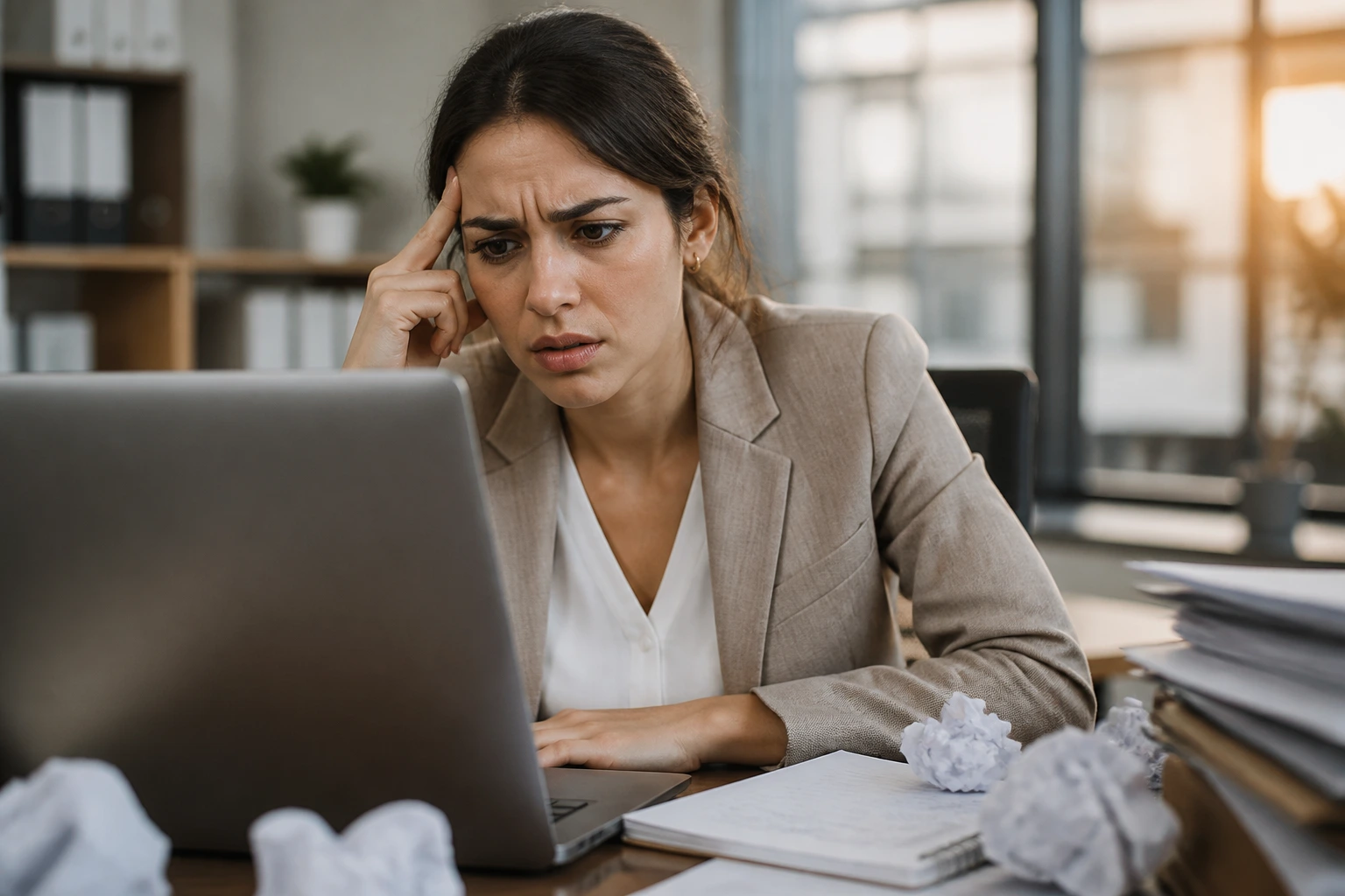 Close-up of puzzled admin applicant at desk in UK office illustrating mistakes in visa sponsorship applications