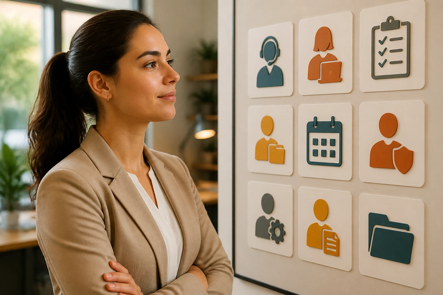 Professional assessing admin role alternatives on a board