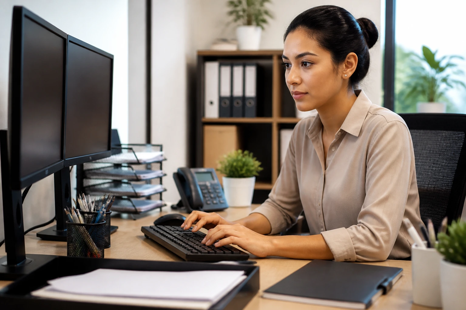 Close-up admin professional at a desk with focused expression and keyboard
