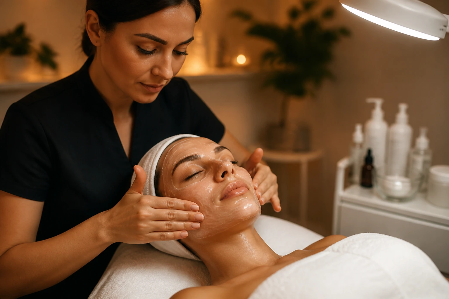 Beauty professional performing an advanced facial in a spa