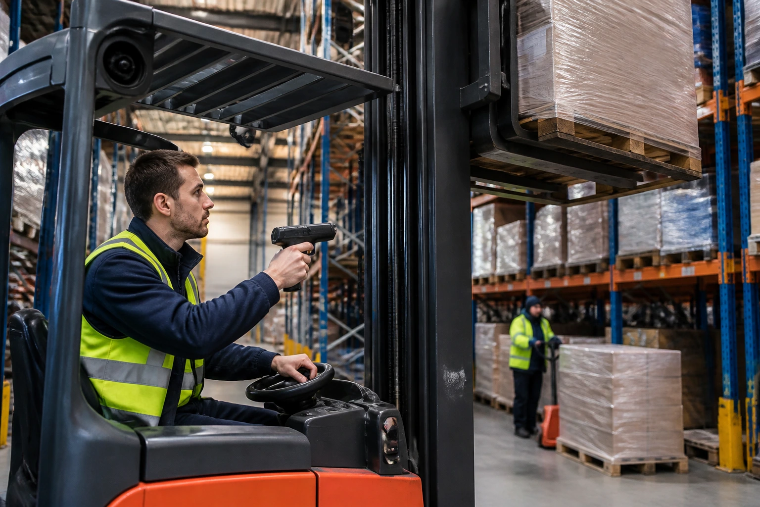 Forklift operator showing advanced skills in warehouse
