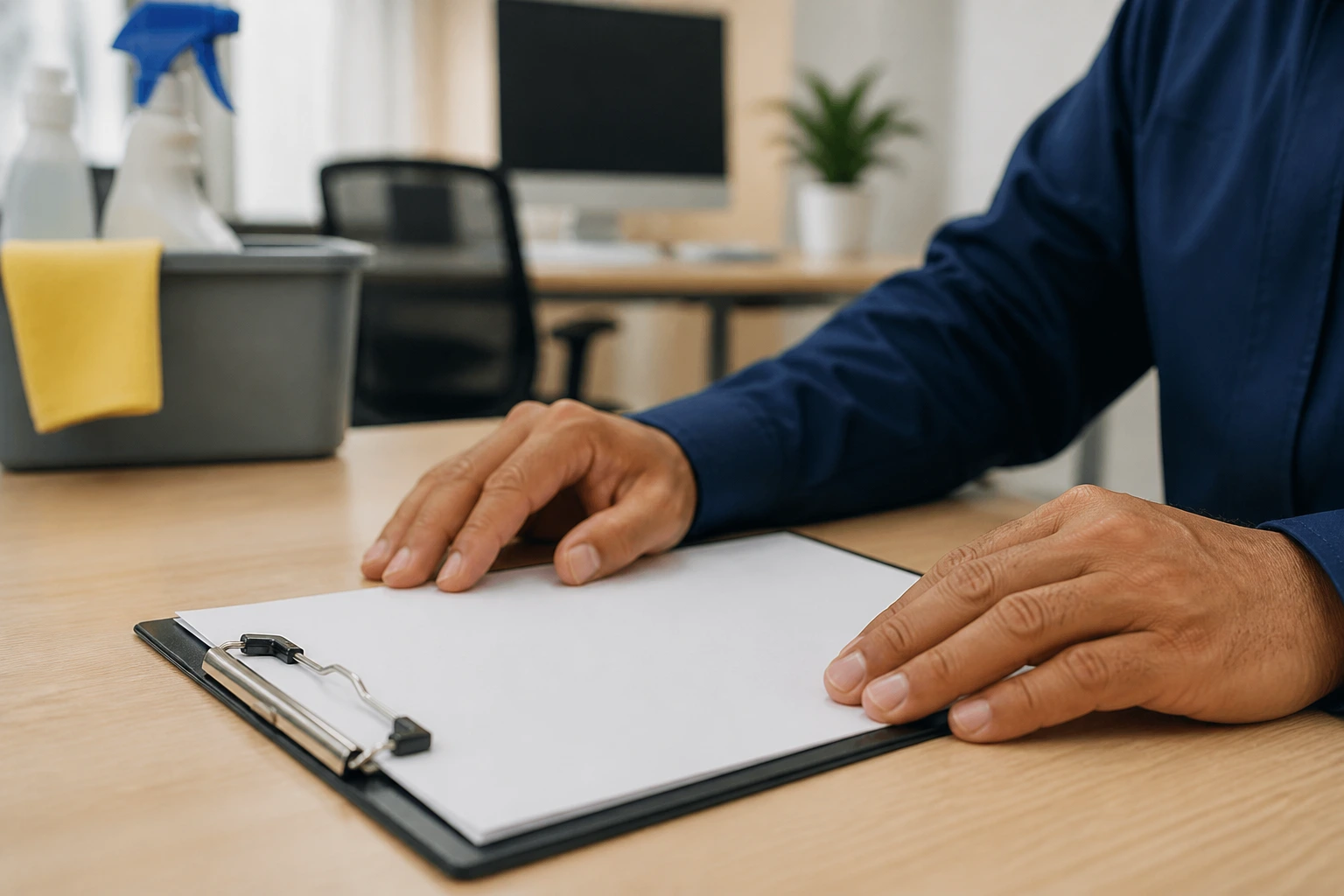 Hands on a blank job advertisement form on a desk.