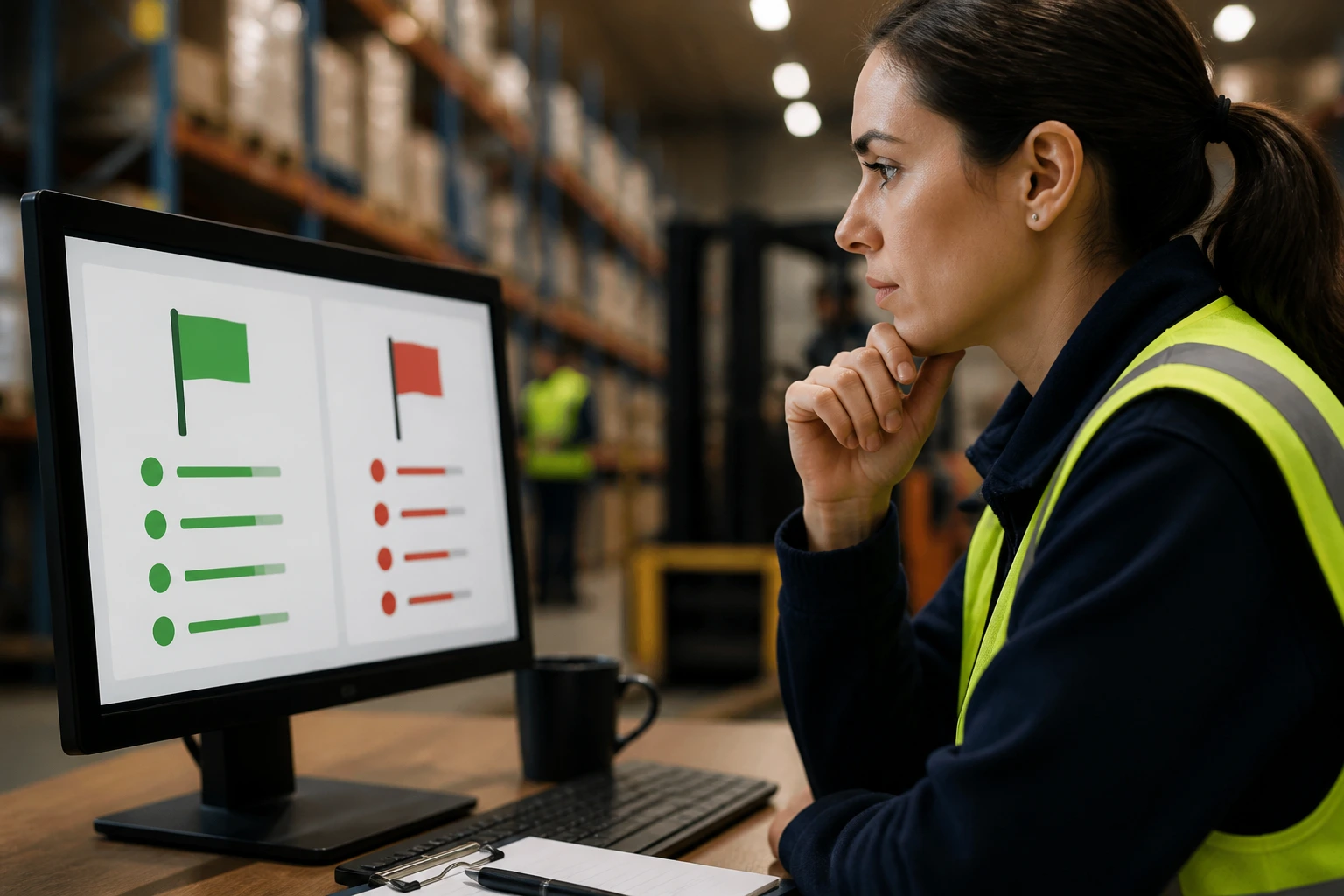 Person evaluating a job advert using visual green/red cues without any text
