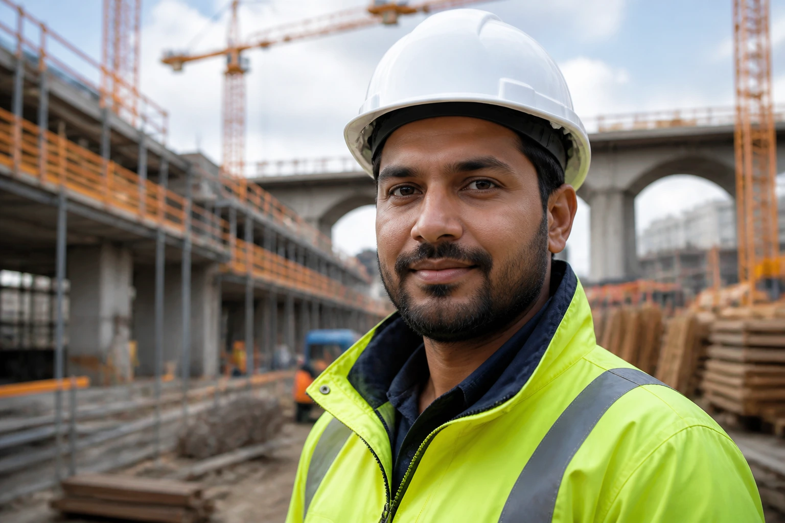 Close-up portrait of a real engineer on a construction site wearing a hard hat and hi-vis jacket.