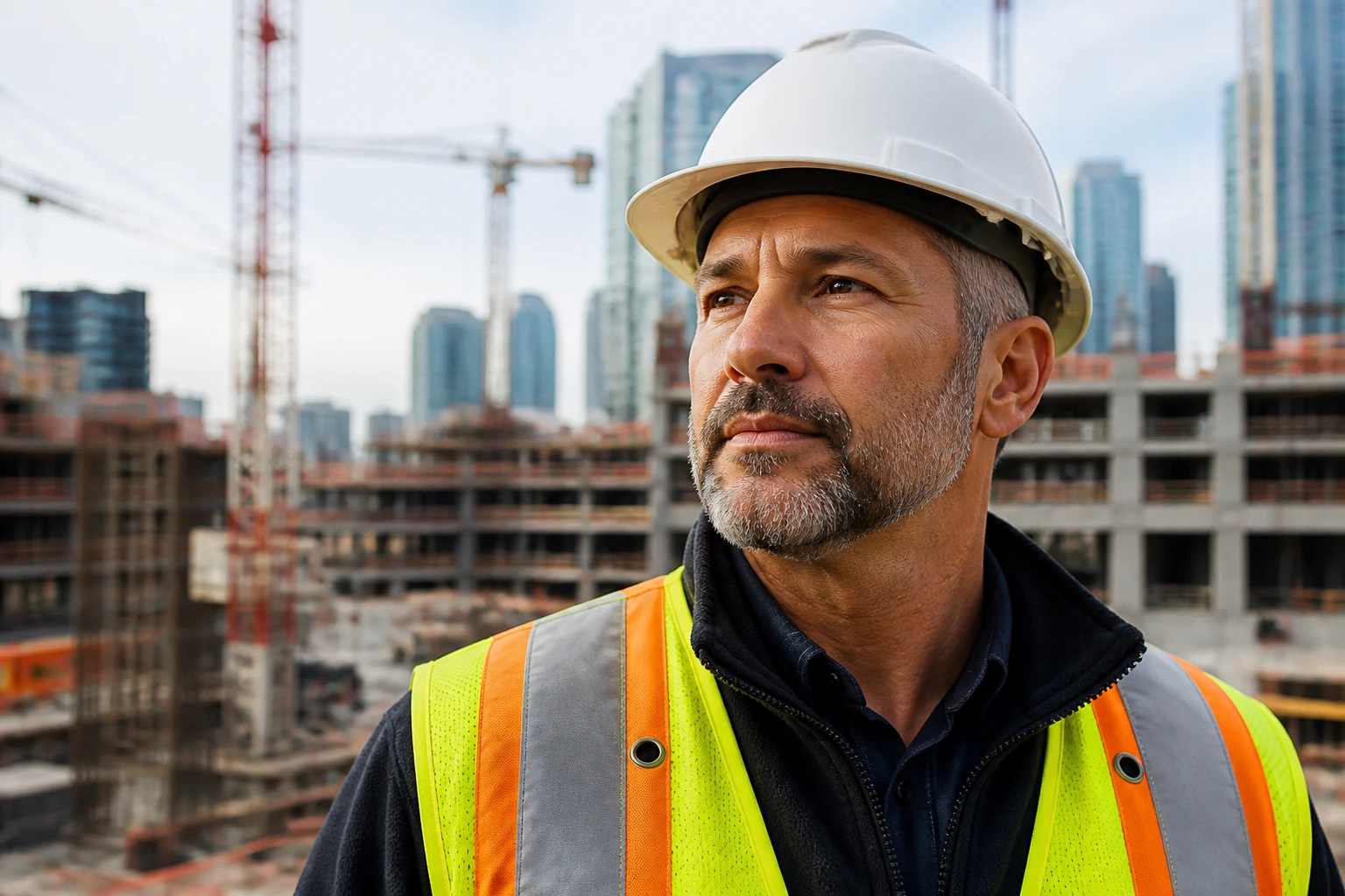 Close-up of a construction site manager at a large Aecon Group project wearing hard hat and safety vest.