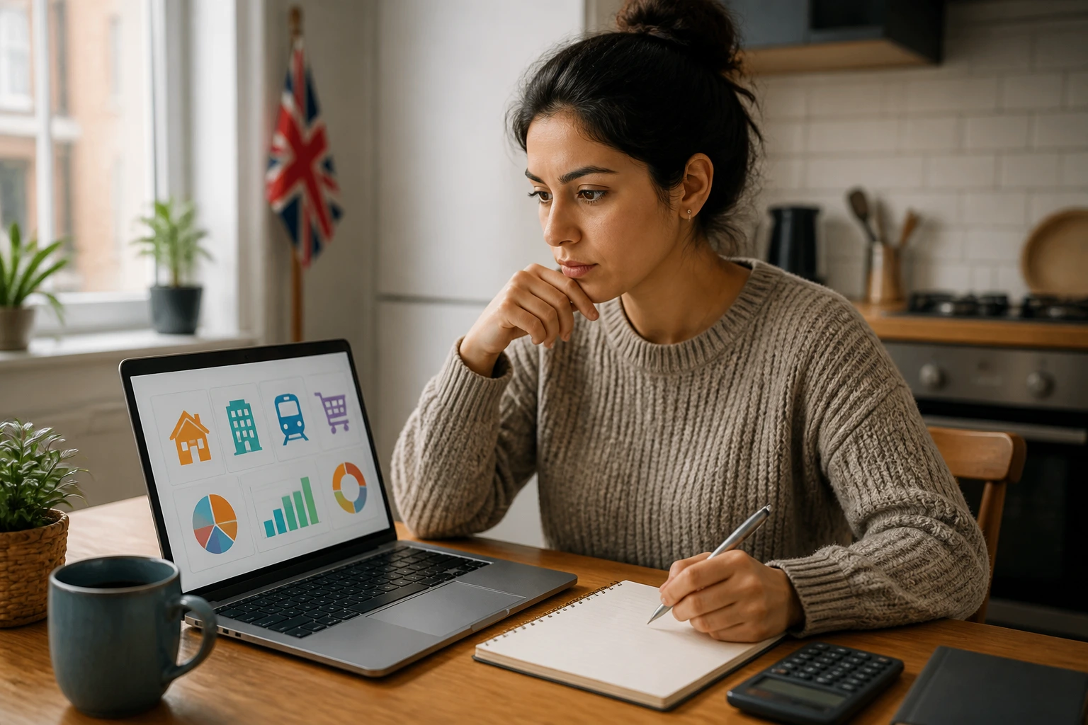 Person evaluating a budgeting plan for UK living costs at home