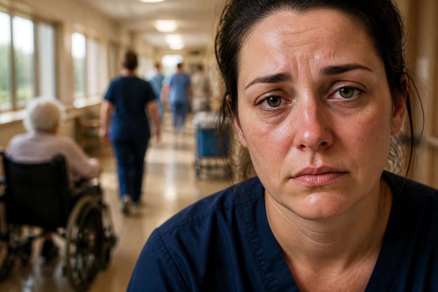 Close-up of a tired nurse in a busy aged care setting illustrating staffing shortages