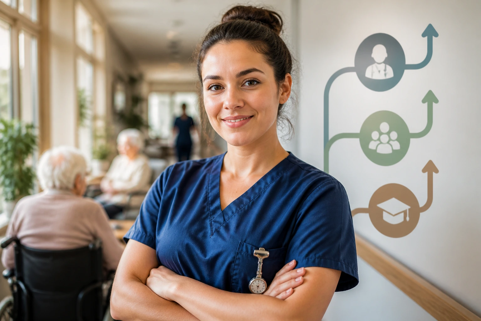Mid-shot nurse in scrubs in sunlit aged care corridor symbolizing career growth in Australian aged care