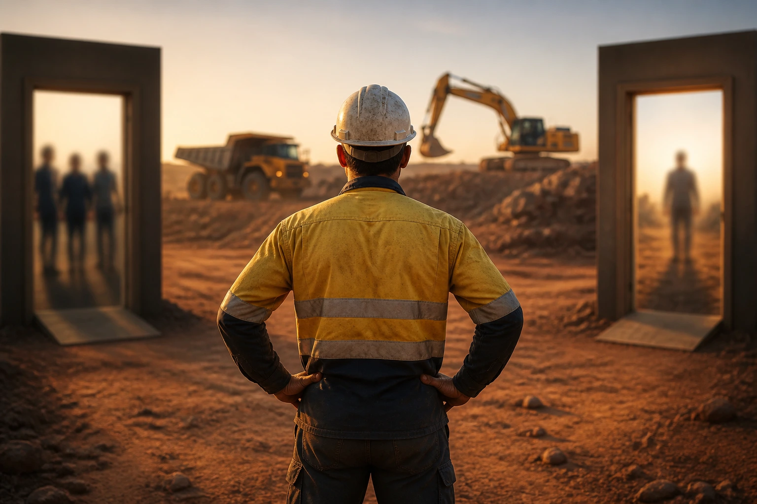 Operator on mining site between two pathways representing recruitment routes