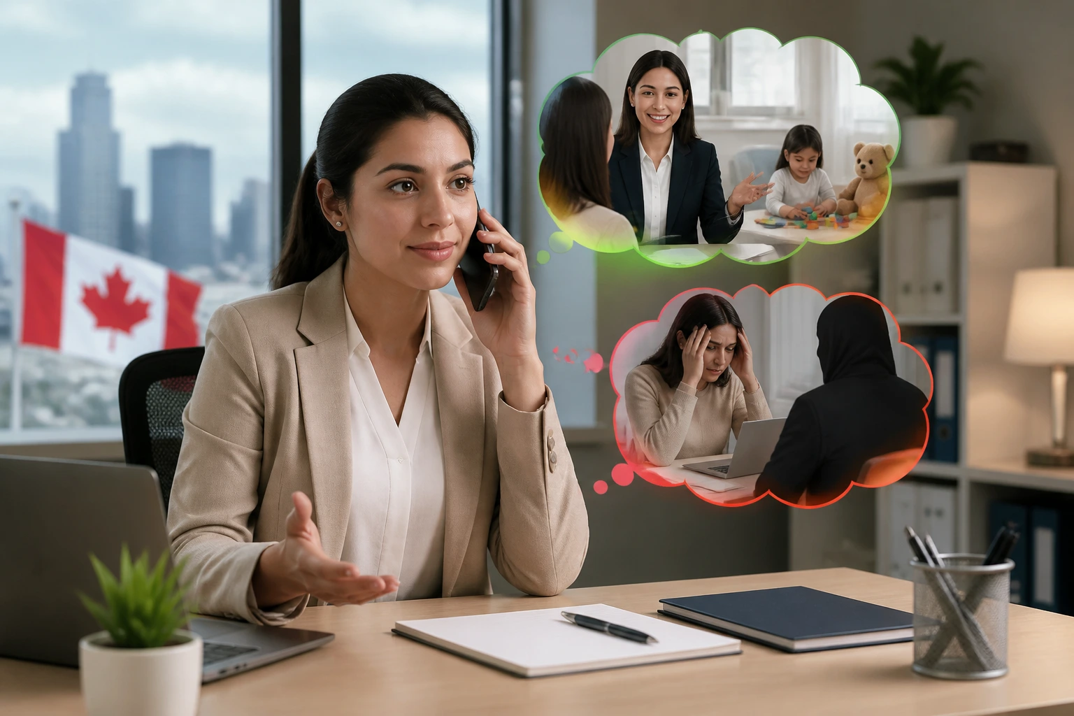 Applicant on the phone consulting with an agency in a tidy office