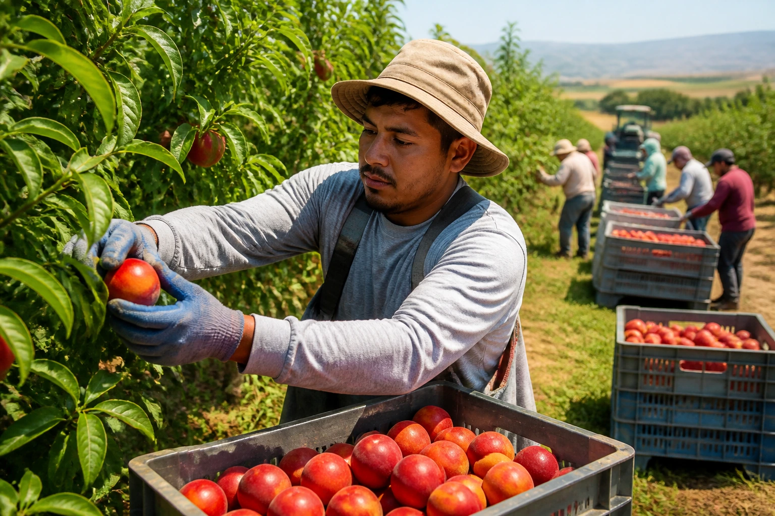 Farm worker in a sunlit field harvesting fruit