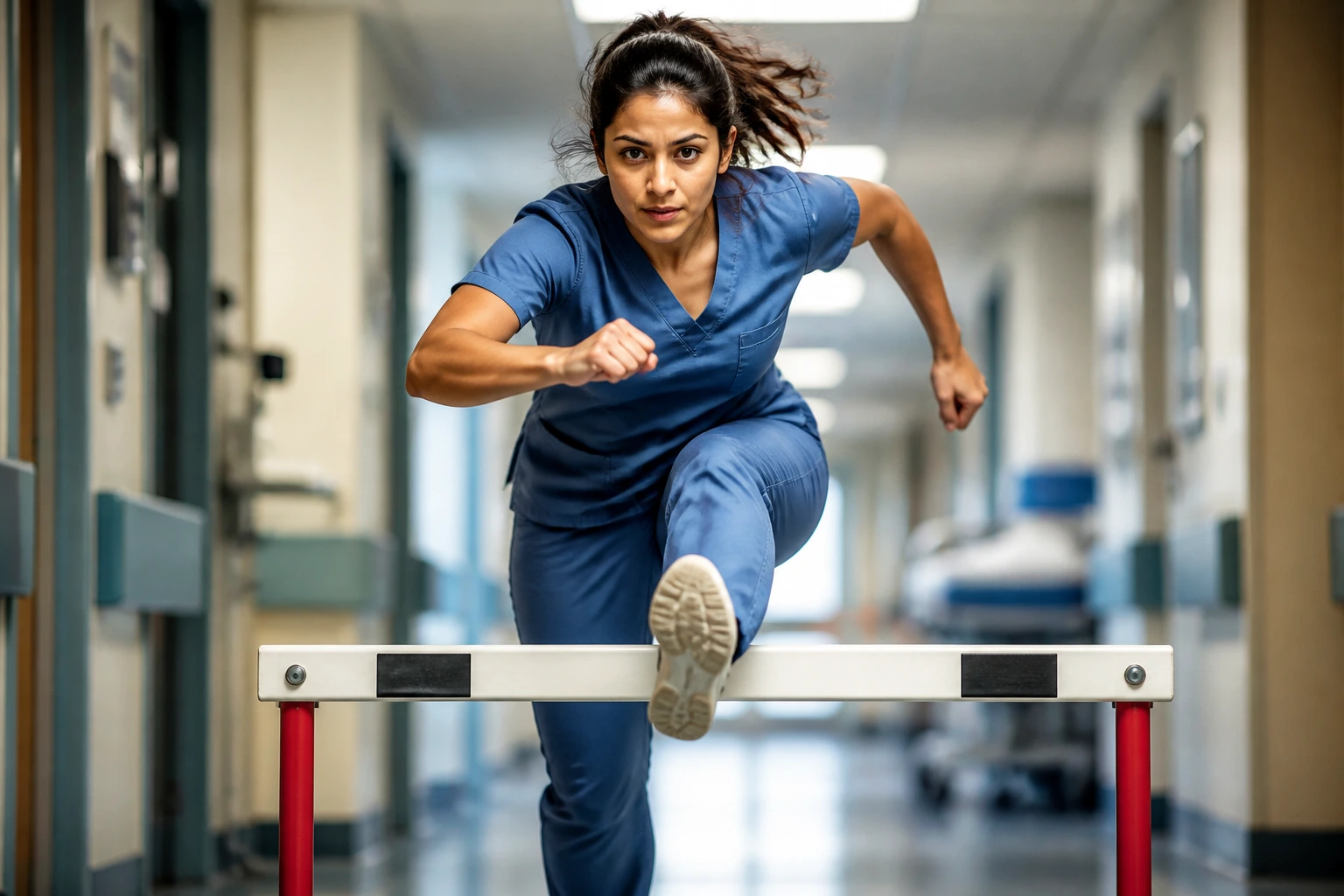 Close-up portrait of a midwife candidate overcoming a hurdle in a hospital corridor
