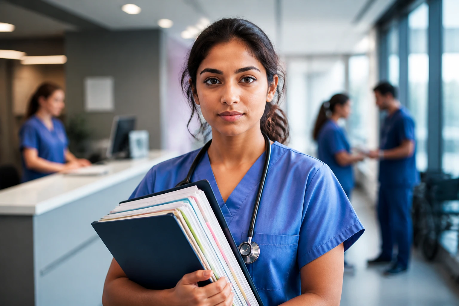 Medium close-up of a nurse in scrubs in a registration area, illustrating the AHPRA process.