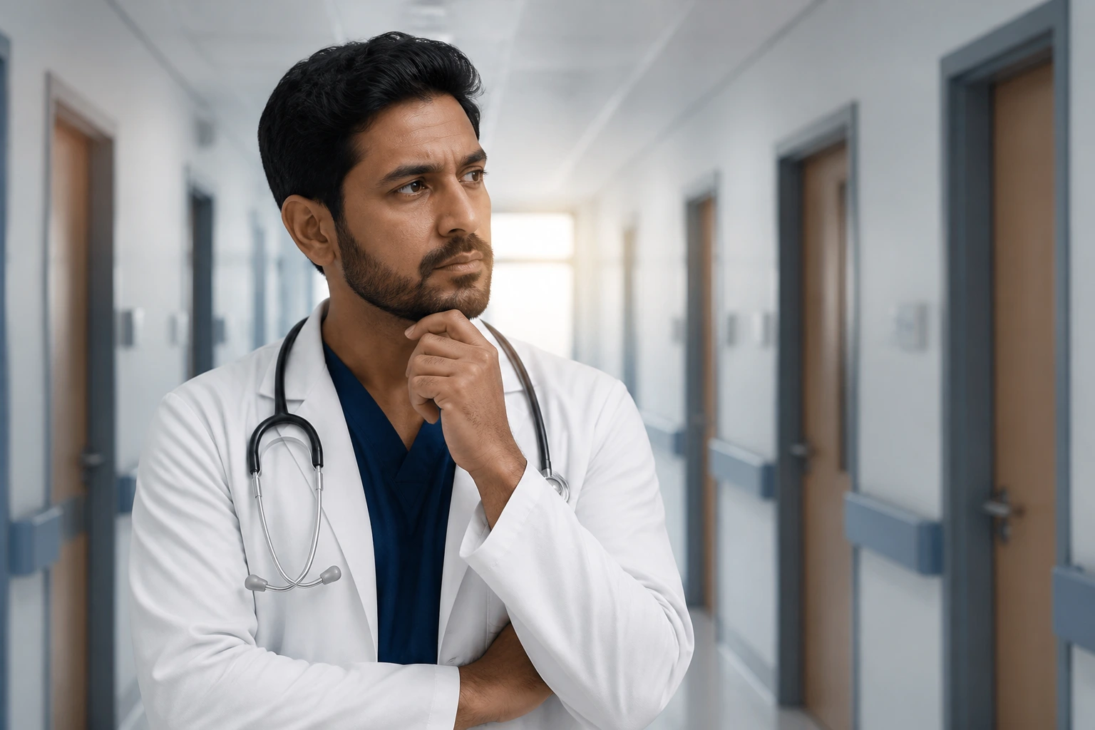Portrait of a doctor contemplating AHPRA registration pathways in hospital corridor