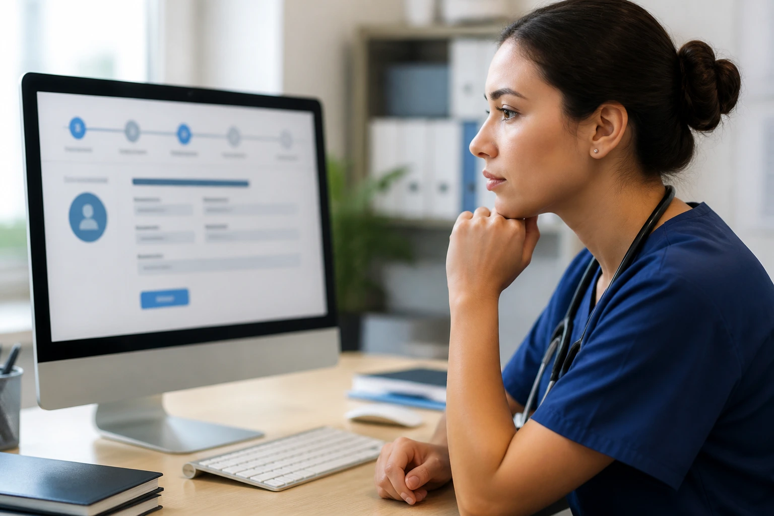 Nurse at computer desk illustrating AHPRA registration process