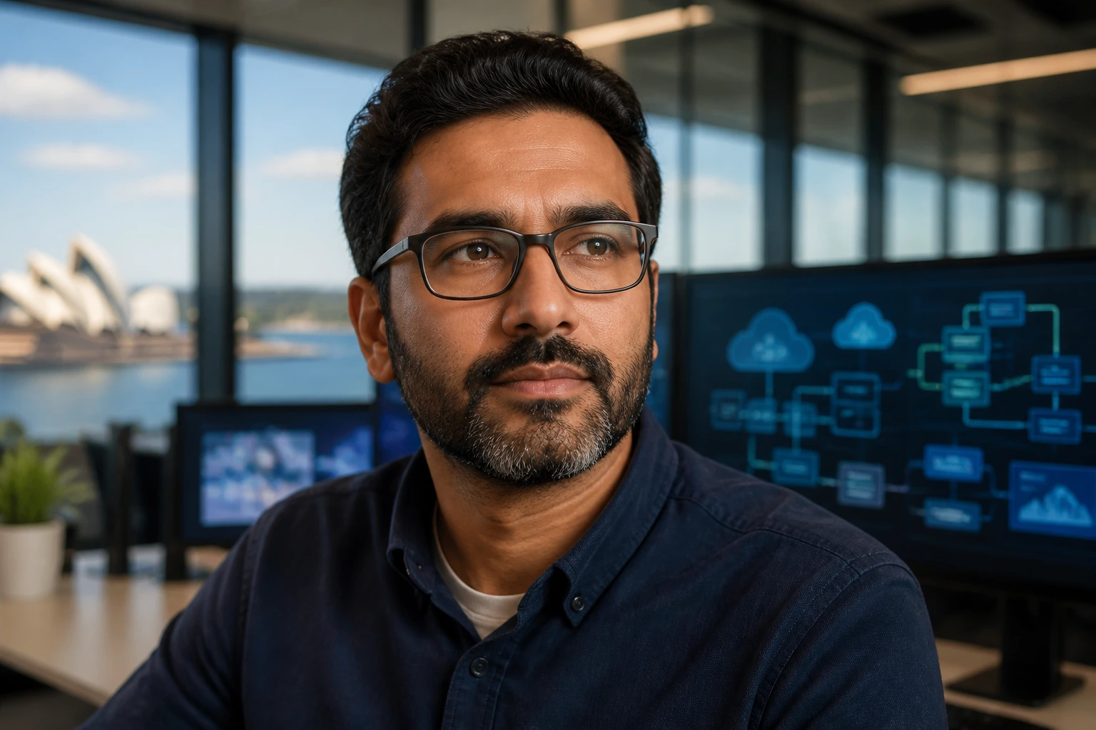 Close-up portrait of an AI Architect in a modern Australian office with cloud diagrams on screens behind.