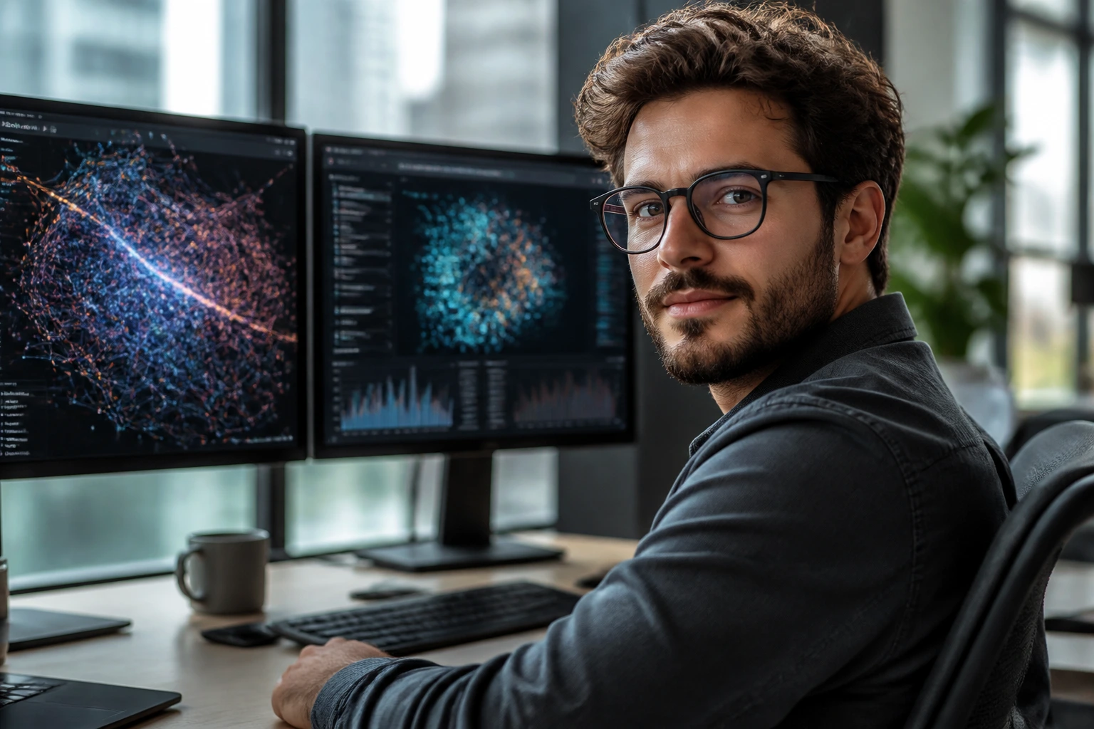 Close-up portrait of an AI engineer at a modern office workstation
