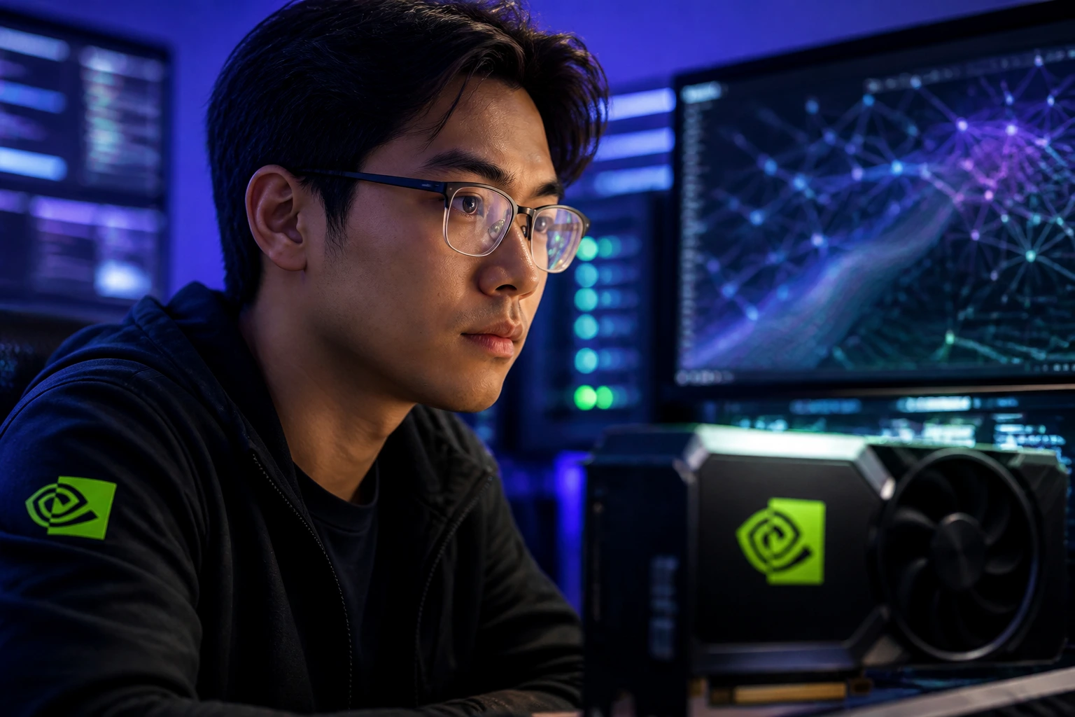 Close-up portrait of a deep-learning engineer at a high-end workstation.