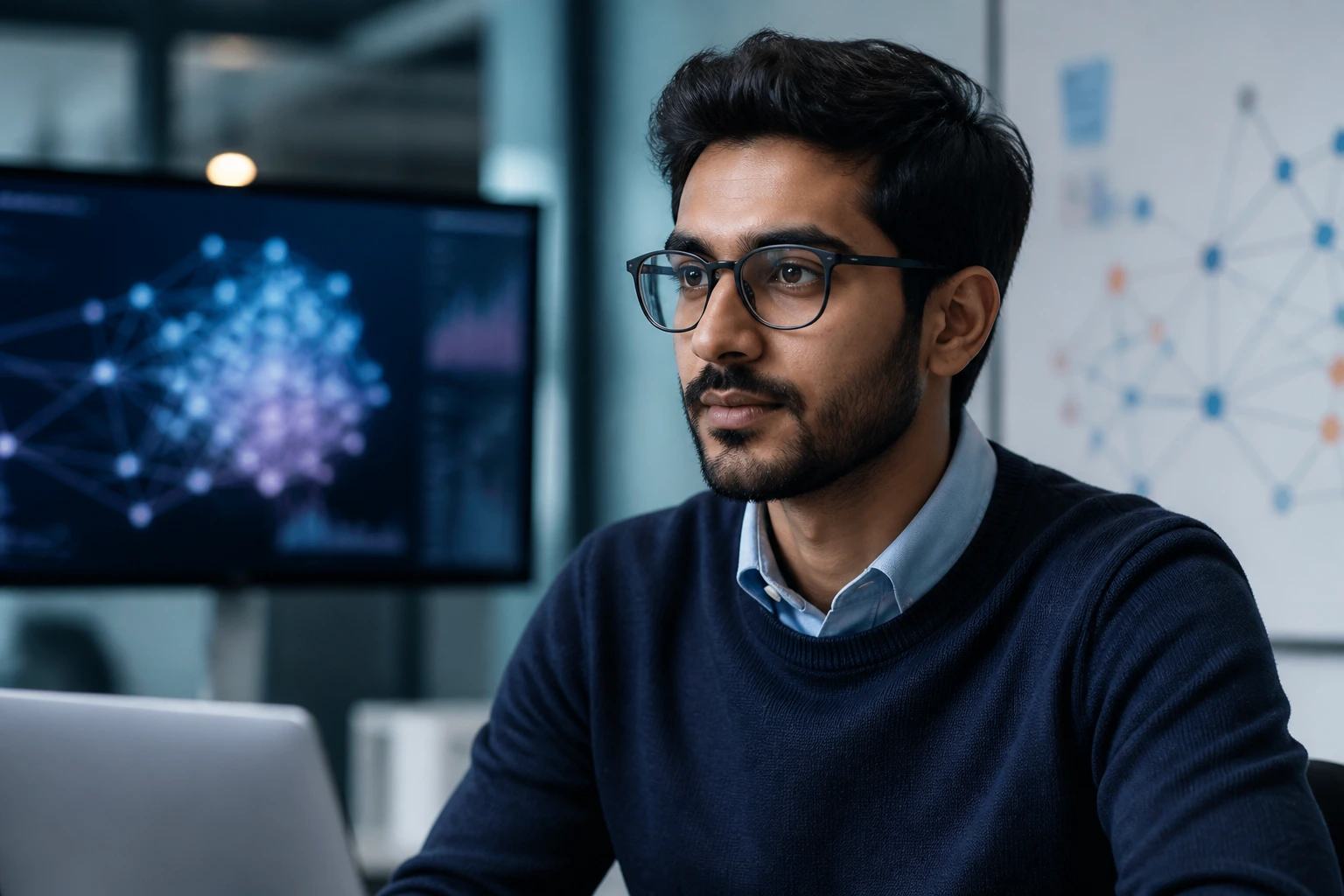 Portrait of an AI engineer at work in a tech-focused office with abstract AI visuals in the background