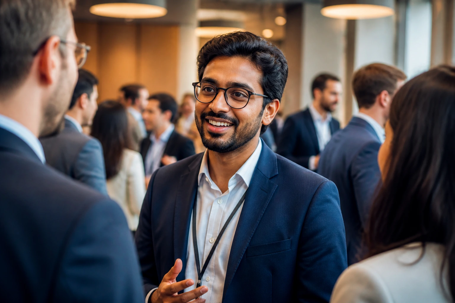 AI professional networking at a UK conference with engaged expression