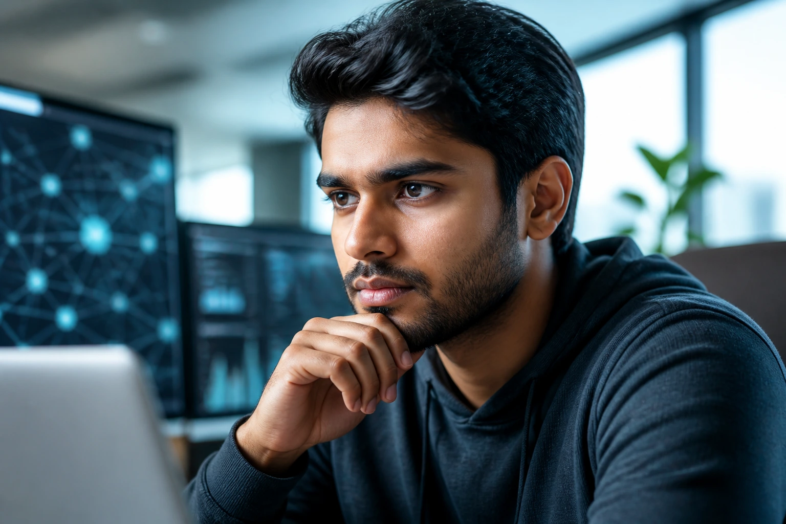 Portrait in tech workspace indicating searching for sponsor roles